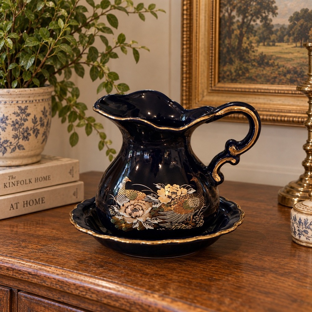 Vintage Cobalt Blue Peacock Pitcher and Saucer Set Gold Trim Chinoiserie Floral